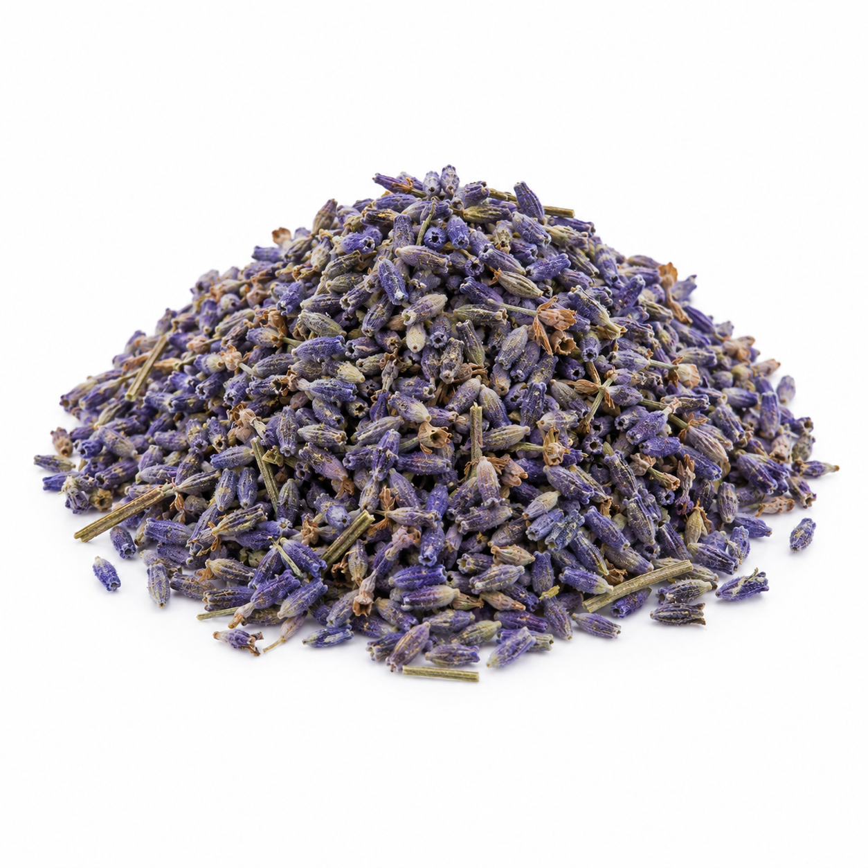 Pile of dried lavender flowers on a white background