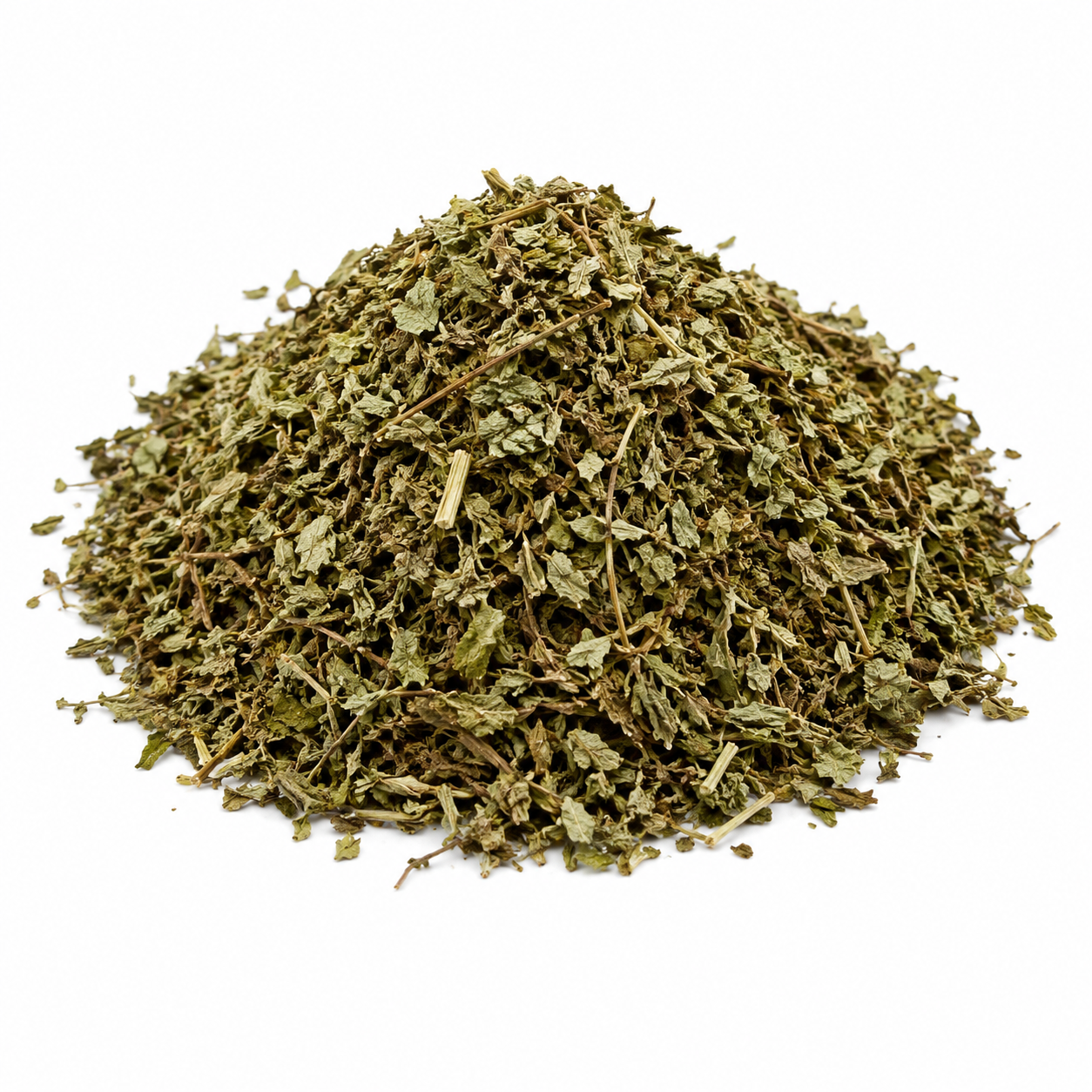 Pile of dried green herbs on a white background