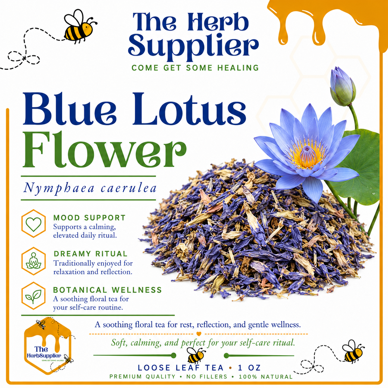 Blue Lotus Flower tea packaging with a blue flower and text about its benefits.