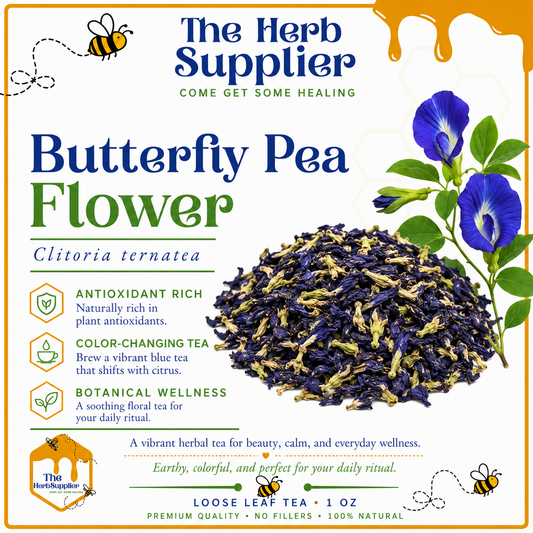 Butterfly pea flower tea packaging with tea leaves and flowers on a white background