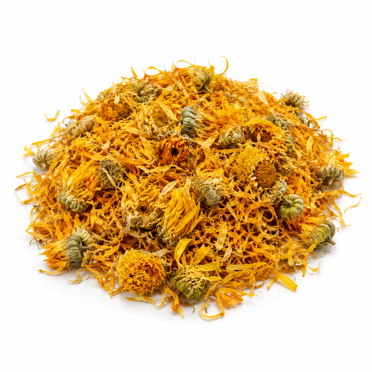 Pile of dried calendula flowers on a white background