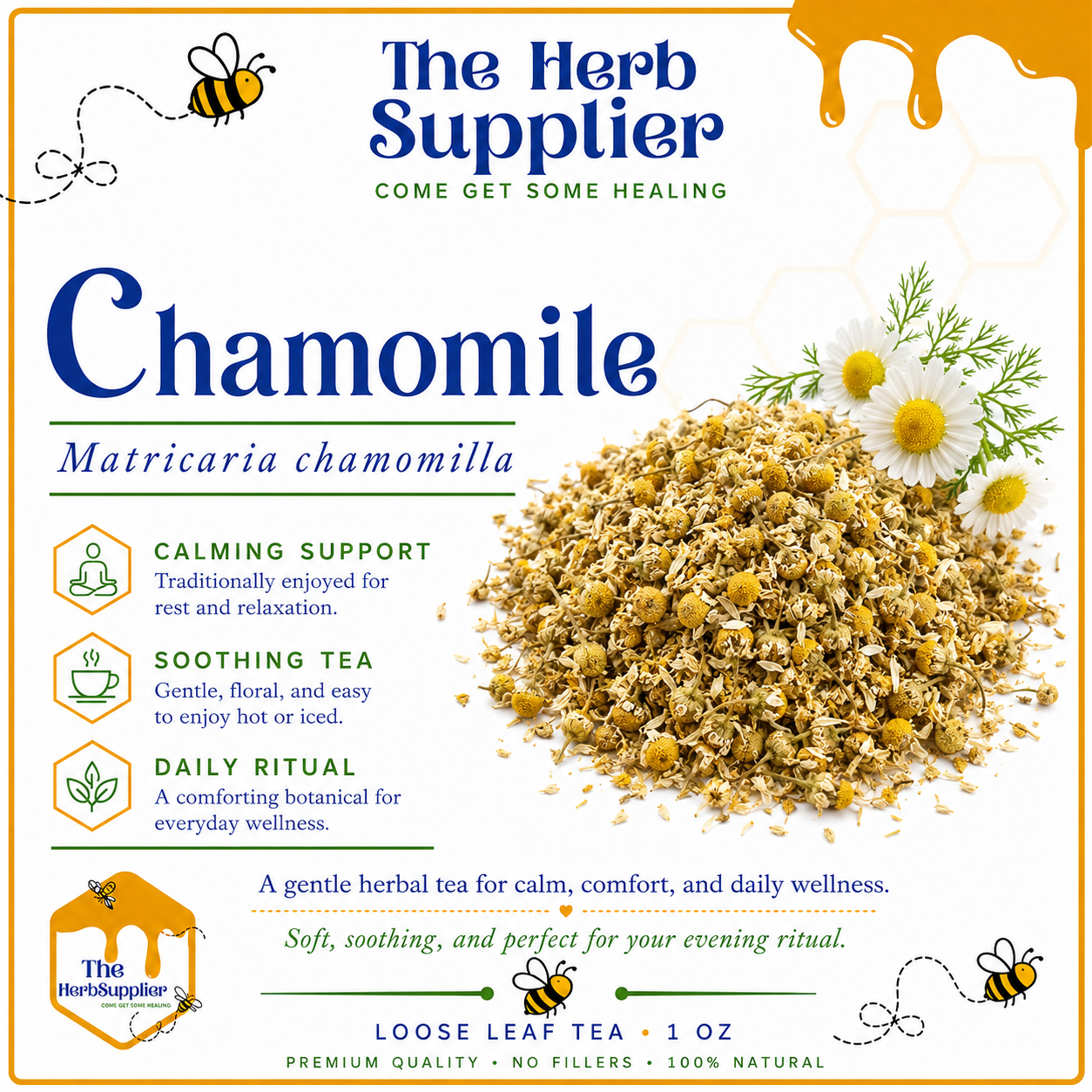 Advertisement for chamomile tea from The Herb Supplier with text and images of chamomile flowers.