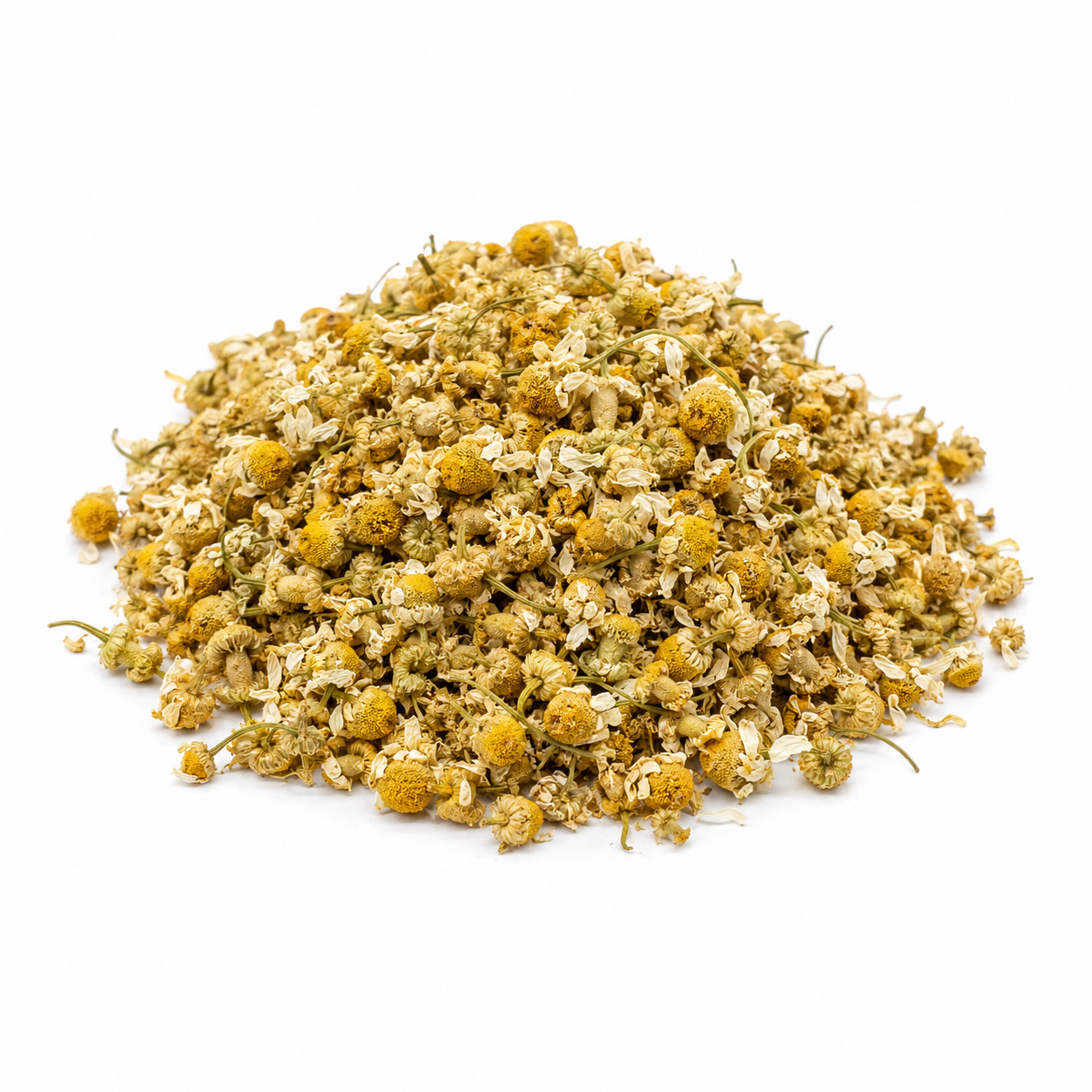 Pile of dried chamomile flowers on a white background