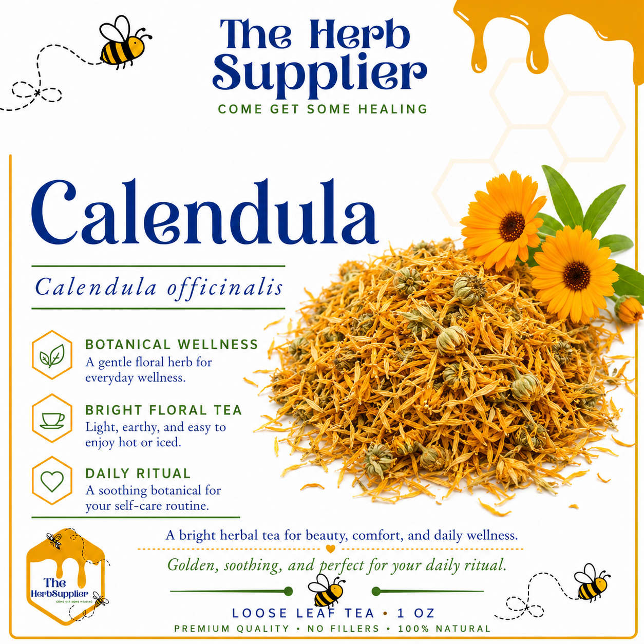 Product packaging for Calendula tea from The Herb Supplier with calendula flowers and text.