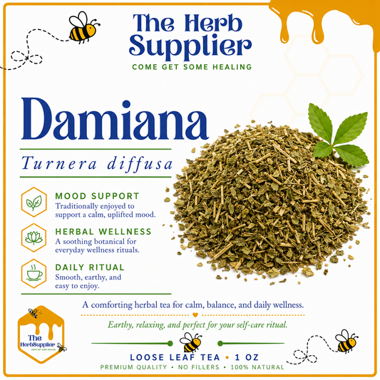 Loose leaf tea packaging for Damiana from The Herb Supplier with text and graphics.