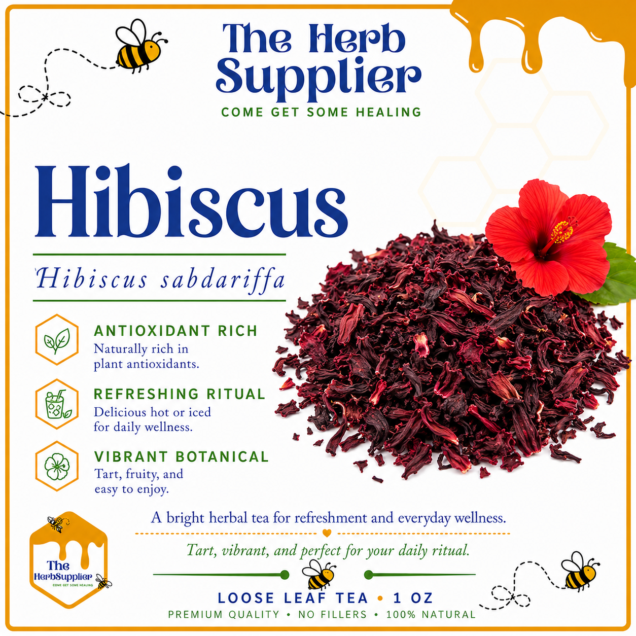 Hibiscus tea packaging with hibiscus flower and product details.