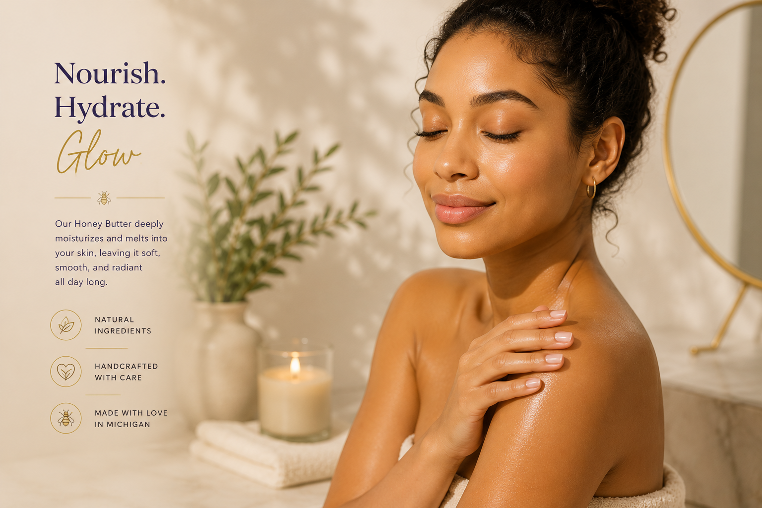 Woman with moisturized skin in a spa setting with candles and plants.
