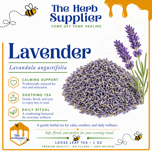 Lavender product packaging from The Herb Supplier with lavender flowers and text about its benefits.