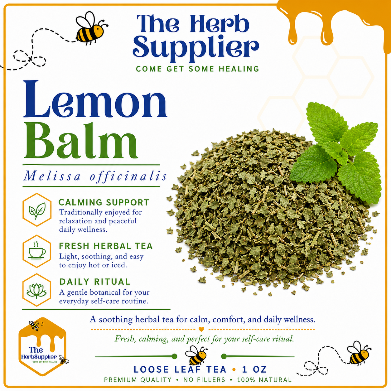 Lemon balm product packaging from The Herb Supplier with text and images of lemon balm leaves.