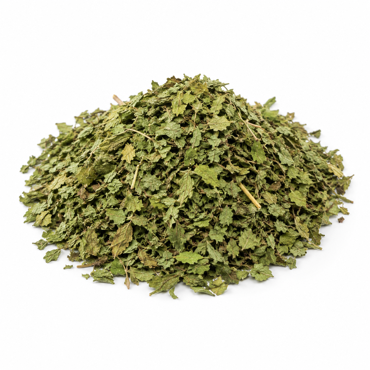 Pile of dried green herbs on a white background