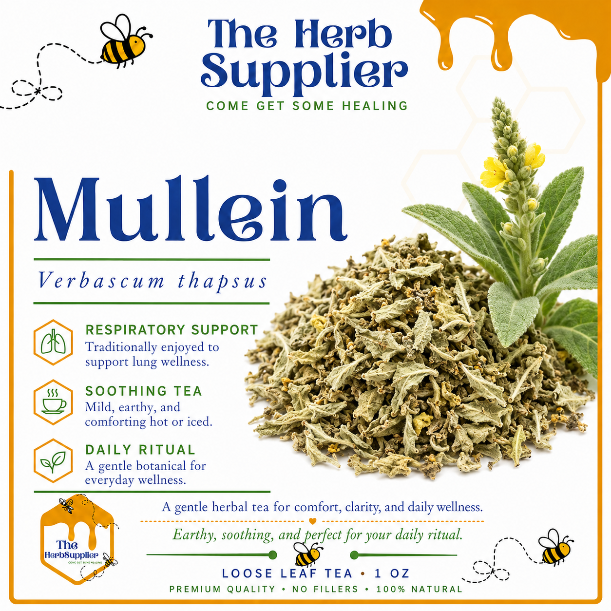 Advertisement for Mullein tea from The Herb Supplier with text and mullein plant imagery.