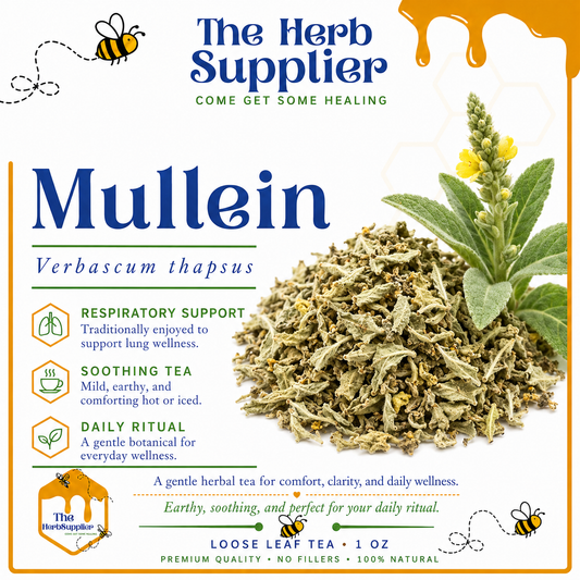 Advertisement for Mullein tea from The Herb Supplier with text and mullein plant imagery.
