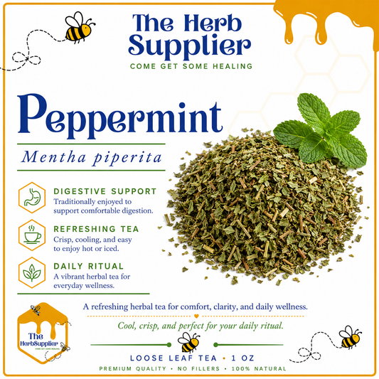 Loose leaf peppermint tea packaging with herbs and text on a white background