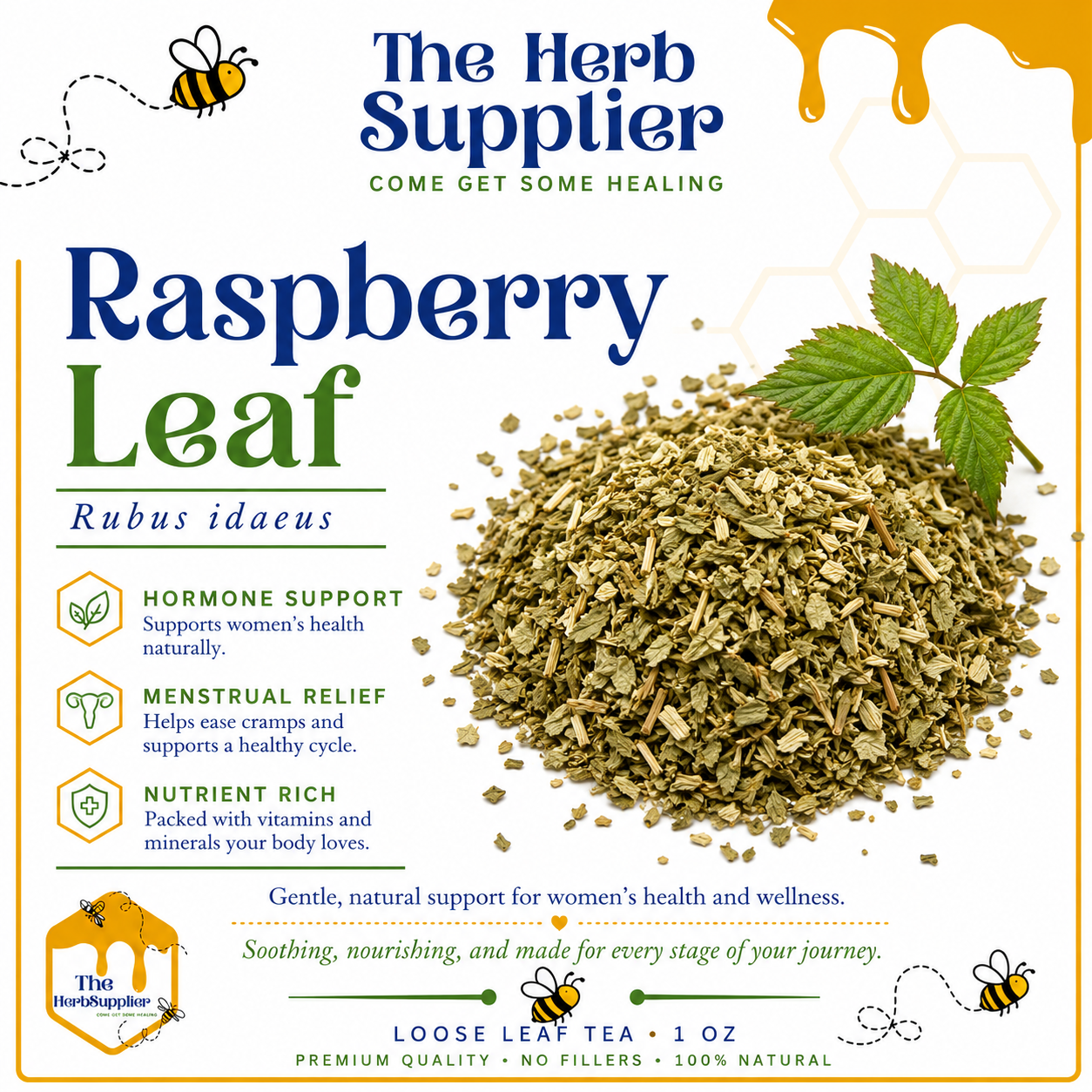 Raspberry leaf tea packaging with text about benefits and branding.