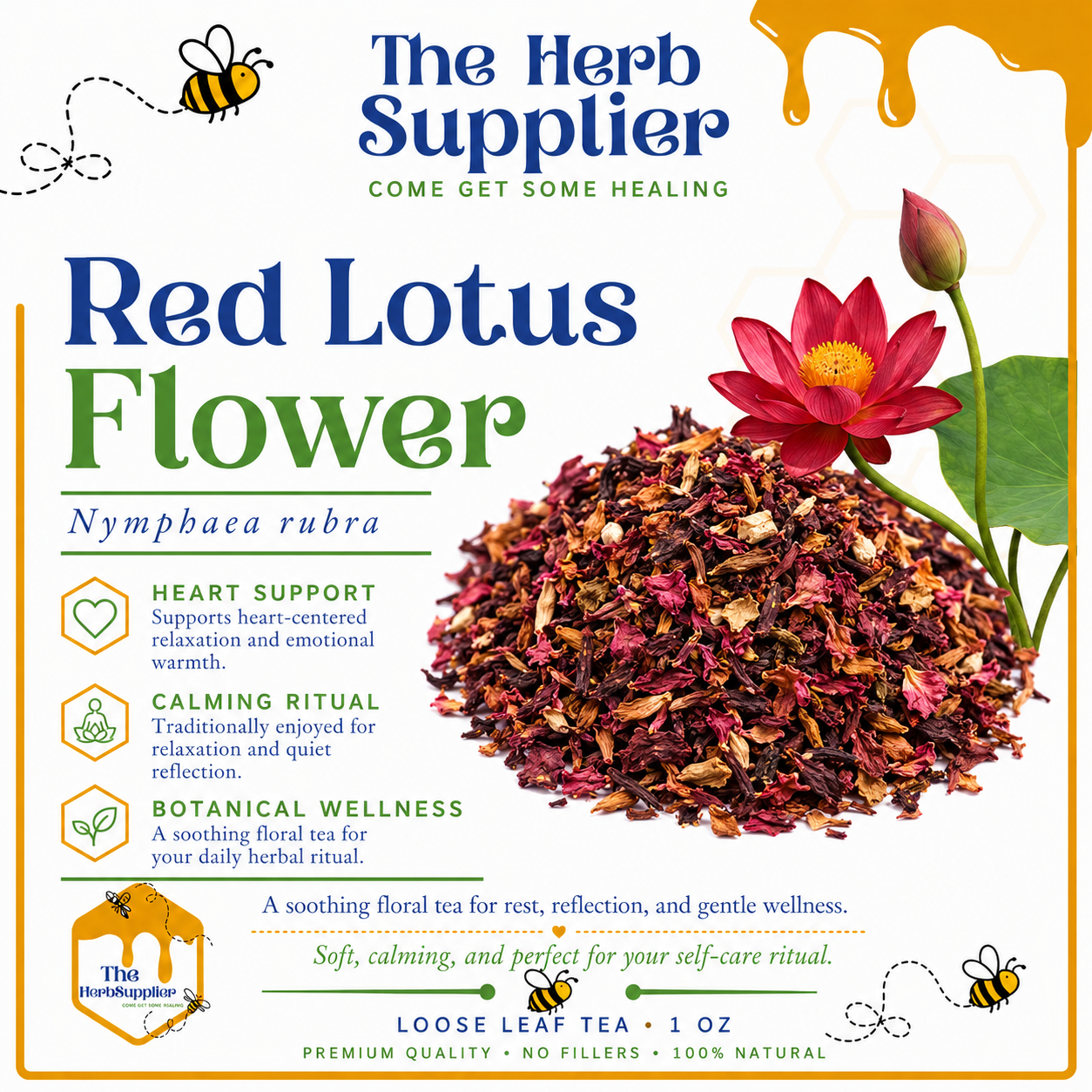 Red Lotus Flower tea packaging with a red lotus flower and text about the product.