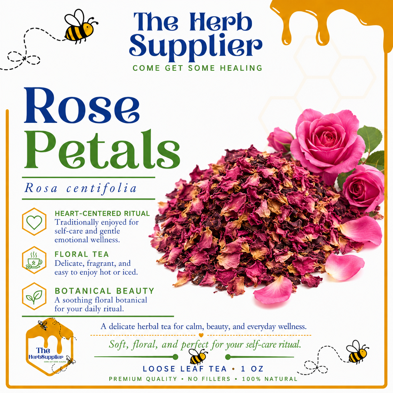 Package of rose petals from The Herb Supplier with text and images of roses and bees.