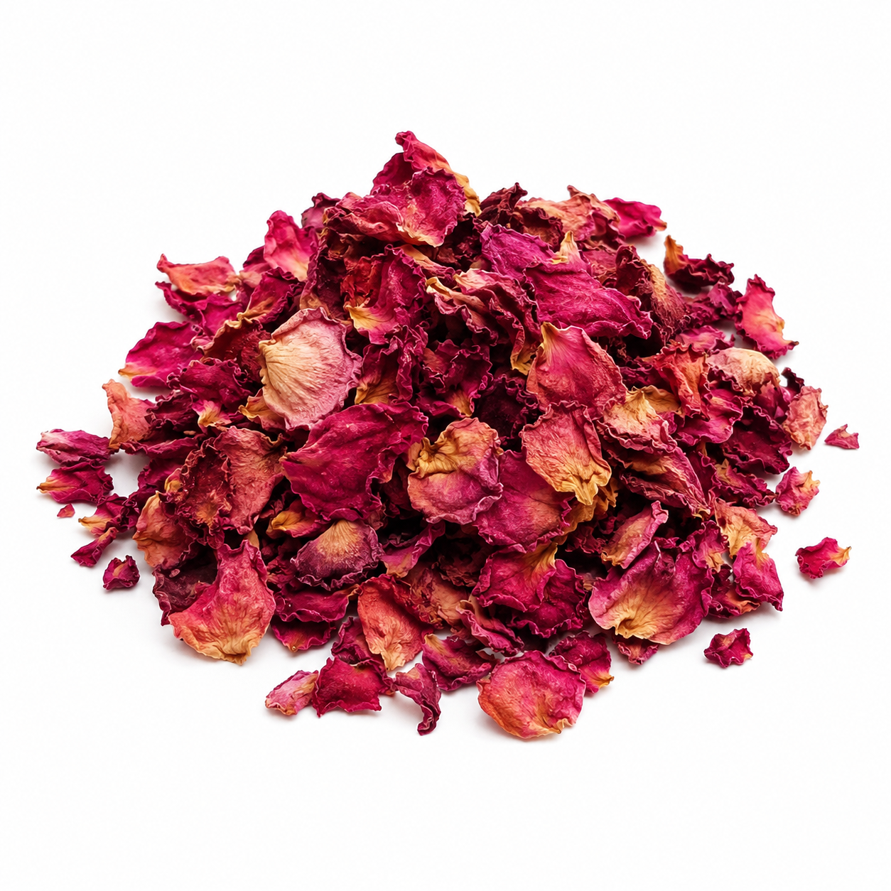 Pile of dried rose petals on a white background