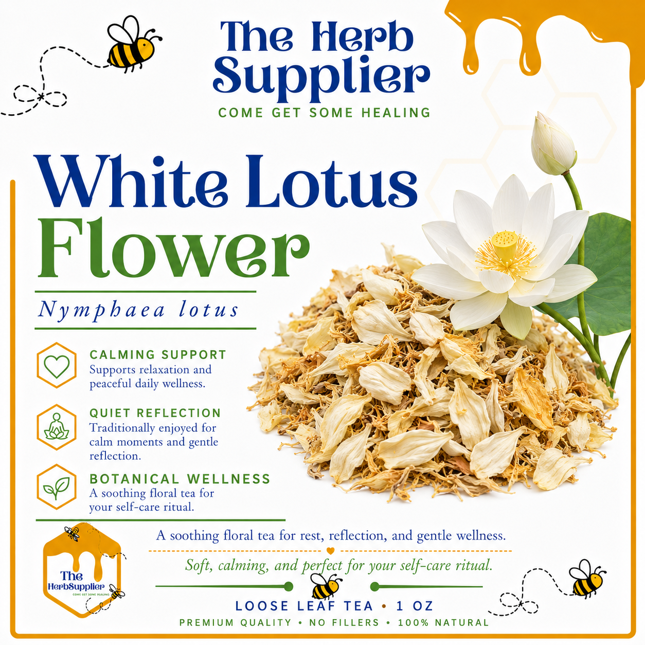 White Lotus Flower packaging from The Herb Supplier with tea leaves and a white flower.