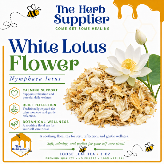 White Lotus Flower packaging from The Herb Supplier with tea leaves and a white flower.