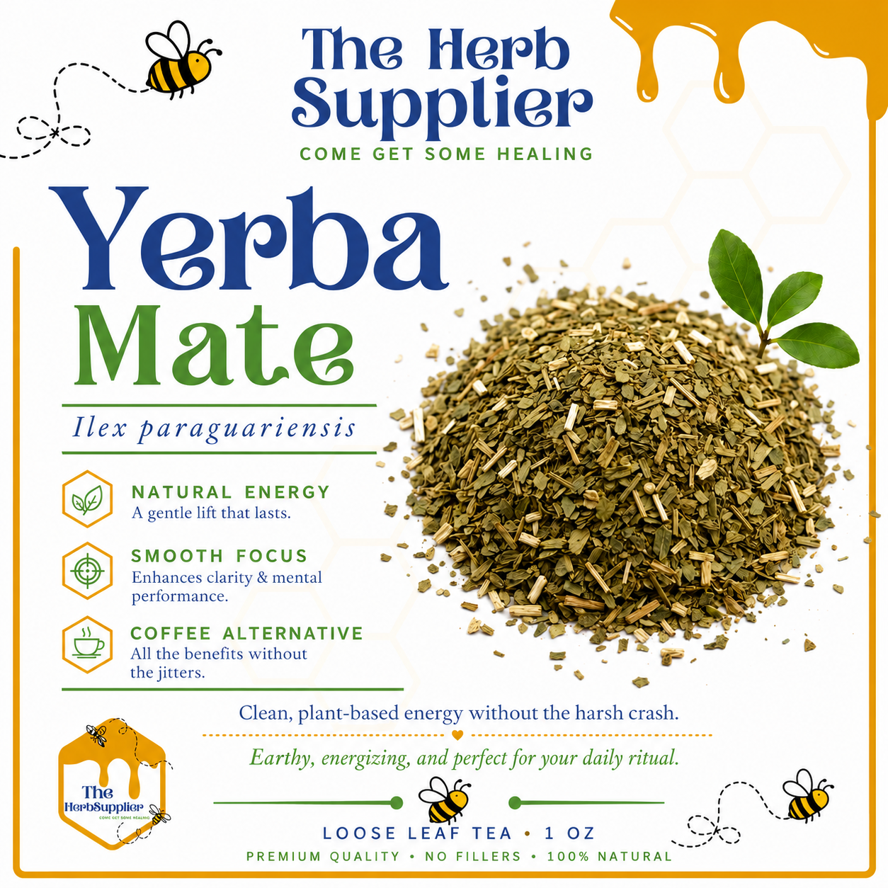 Yerba Mate packaging from The Herb Supplier with text and images of leaves and a bee.