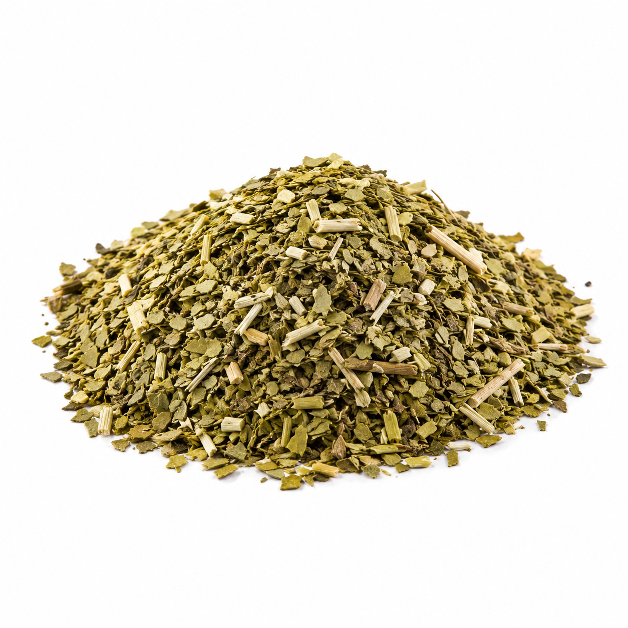 Pile of dried green herbs on a white background